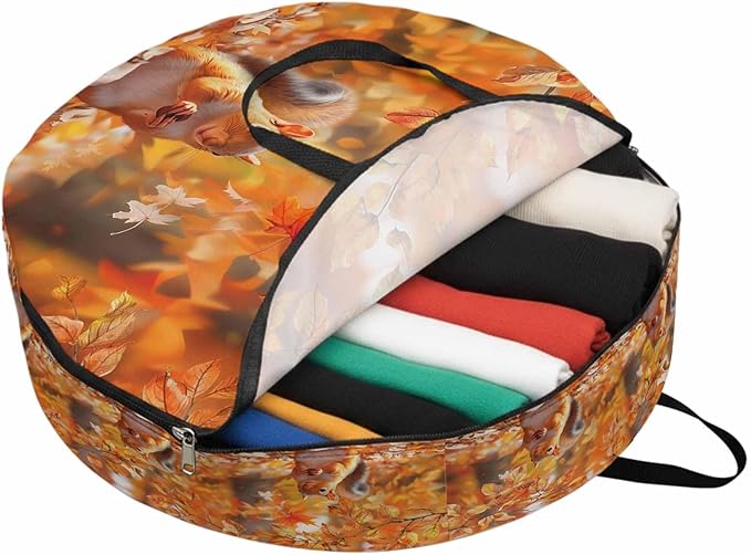 Orange Leaves and Squirrel Round Storage Bag 36 Inch, Fall Maple Leaf Thanksgiving Clothes Storage Container with Handles Heavy Duty Organizer for Comforter, Bedding & Holiday Wreaths