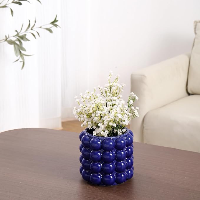 Blue Bubble Vase, Small Short Vase, Ceramic Flower Vases, Unique Decorative Vases for Flowers, Living Room, Bedroom, Office, Shelf, Coffee Table, 5 Inches