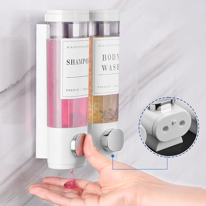 Shampoo and Conditioner Dispenser Bathroom Shower Soap Dispenser Wall Mounted Shampoo Dispenser for Shower Wall No Drill 2 * 300ml White 2 Chamber with Waterproof Labels