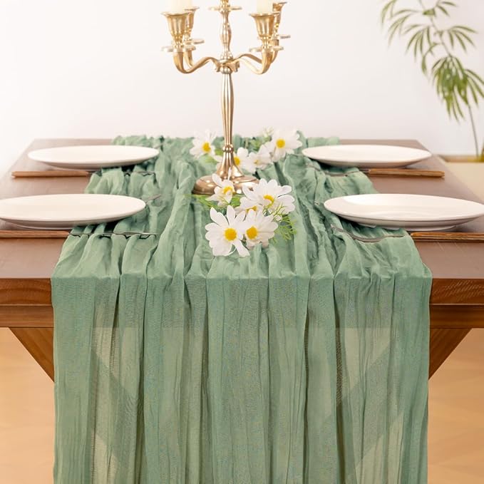 Socomi 3pcs Sage Green Cheesecloth Table Runner Easter Spring Boho Rustic Gauze 120 inch 10FT Cheese Cloth Runner for Wedding Party Baby Shower Home Decor Holiday Decorations