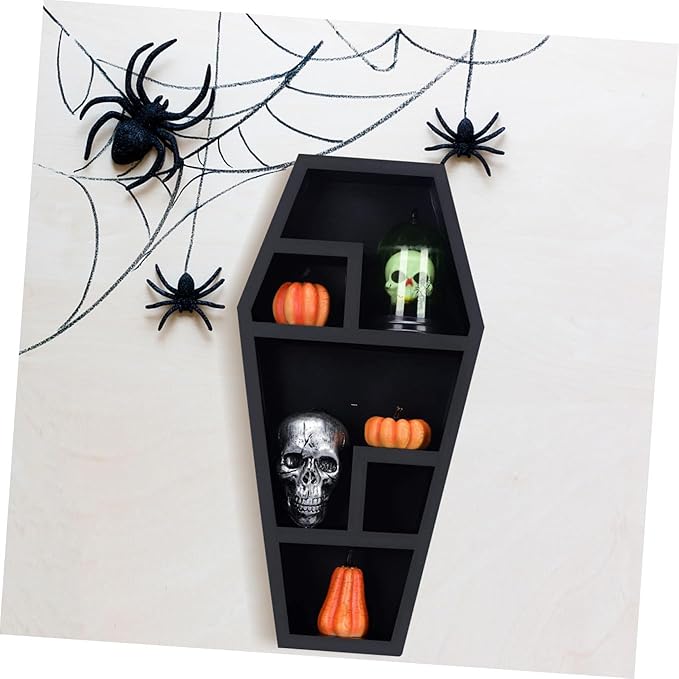 GALPADA Spooky Coffin Shelf Gothic Decor for Halloween Display Multipurpose Coffin Shaped Holder for Parties and Storage Eerie Compartment Shelf for Unique Home Decor