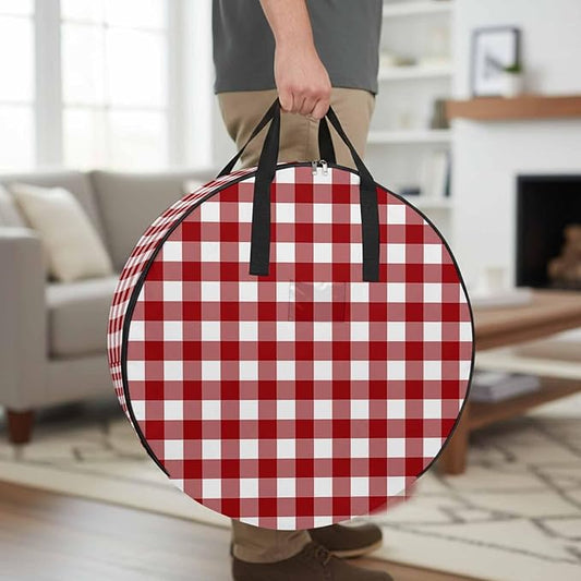 24 Inch Round Storage Bag 1 Pack,Farmhsoue Christmas Red White Buffalo Check Waterproof Wreath Storage Container with Handles&Zipper Rural Style Closet Organizer Bags Garland Box
