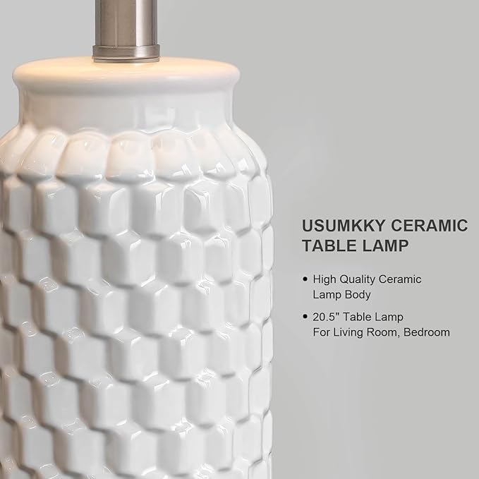 USumkky 20.5" White Modern Ceramic Bedside Lamp Set of 2 for Bedroom Decor Farmhouse Table Lamp for Living Room Office Dorm