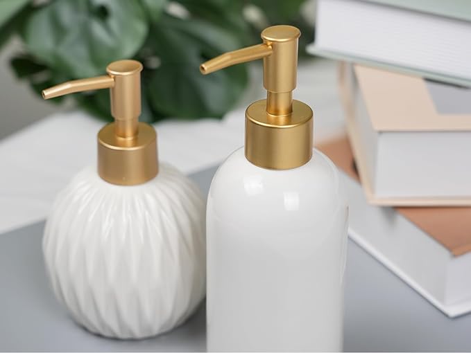 2Pack Ceramic Soap Dispenser White with Gold Pump,Simple Design Cylindrical Lotion Dispenser Bottle,Refillable Liquid Hand Soap Dispenser for Kitchen,Bathroom,Washroom