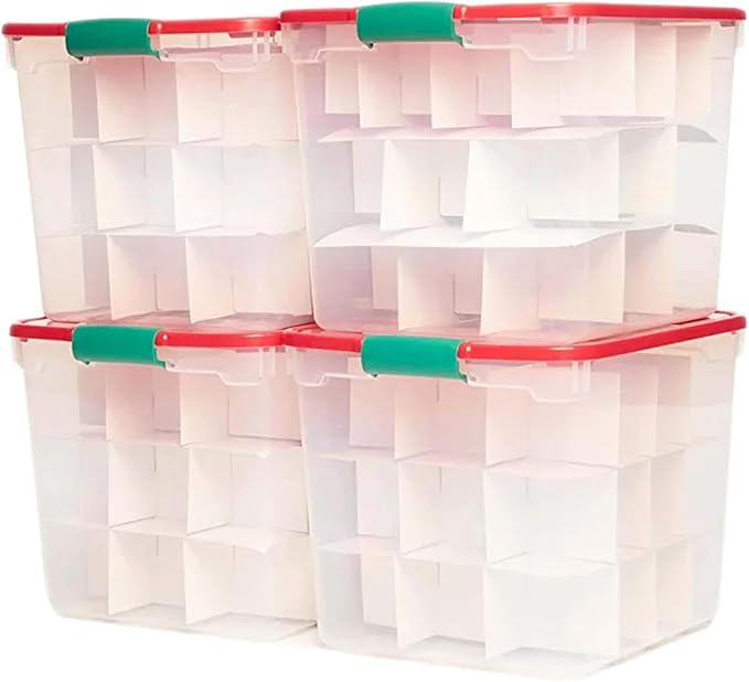 HOMZ 4-Pack Holiday Tote, Clear Plastic Storage Bins w/ Lids & Dividers, 31 Quart, Red - Stackable Organizing Containers for Home, Garage, and Office