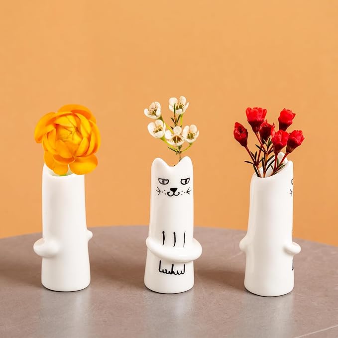 MOUGIGI Set of 3 Cat Flower Vase Bud Ceramic Mini Handmade Tiny Vases for Home Decor, Wedding Party, Birthday Gift - Unique, Cute and Aesthetic Miniature Vases - Japanese Trendy, Pretty and Bulk