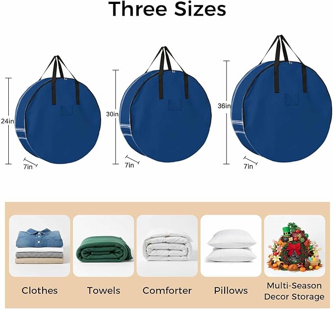Solid Color Round Storage Bag 30 Inch, Navy Blue Clothes Storage Container with Handles Heavy Duty Organizer for Comforter, Bedding & Holiday Wreaths