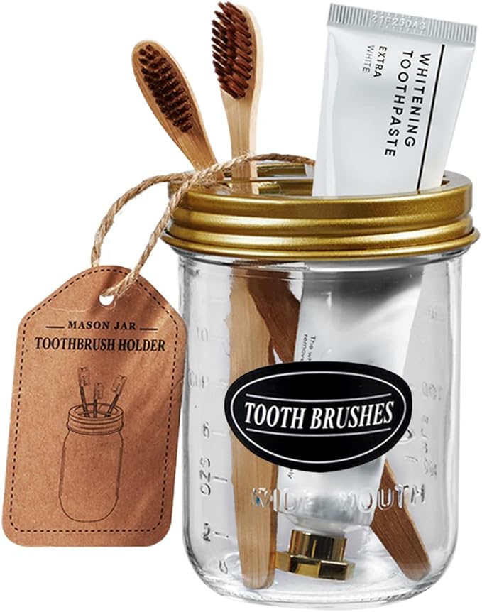 Mason Jar Toothbrush Holder - Golden - with 16 Ounce Mason Jar,Premium Rustproof 304 Stainless Steel Lid and Chalkboard Labels - Rustic Farmhouse Decor Bathroom Accessories/Golden