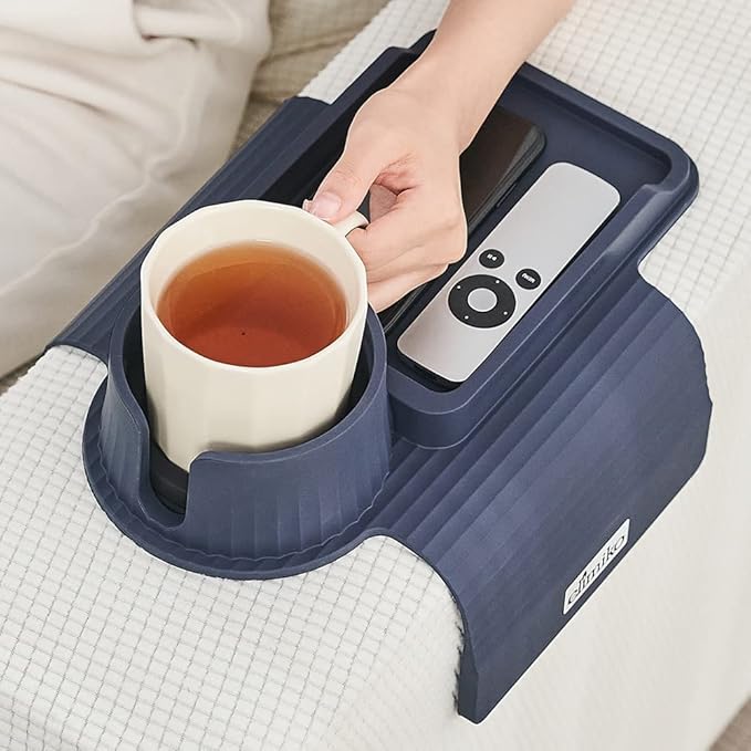 Couch Cup Holder Tray, Elimiko Silicone Sofa Drink Holder with Large Cup Holder and Tray, for Oversized Mugs/Long Remote/Snacks/Cellphone (Navy Blue)