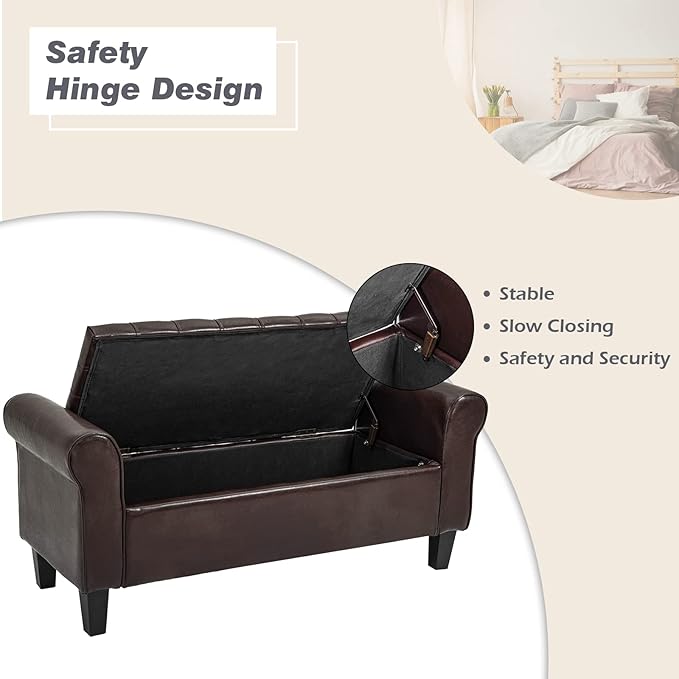 ECOTOUGE Brown Ottoman with Storage for Living Room, Leather Upholstered Bench Footrest, Rolled Arm Foot Stool for Bedroom, Brown