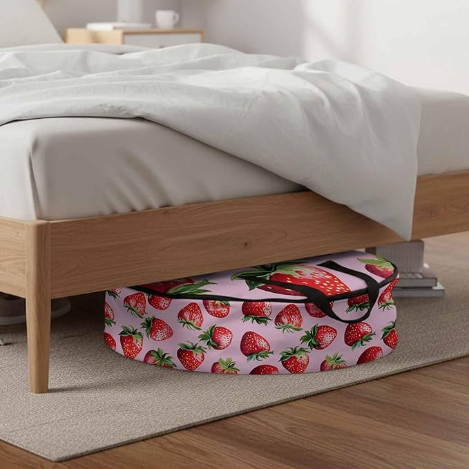 Strawberry Round Storage Bag 36 Inch, Red Plant Fruit Watercolor Pink Background Clothes Storage Container with Handles Heavy Duty Organizer for Comforter, Bedding & Holiday Wreaths