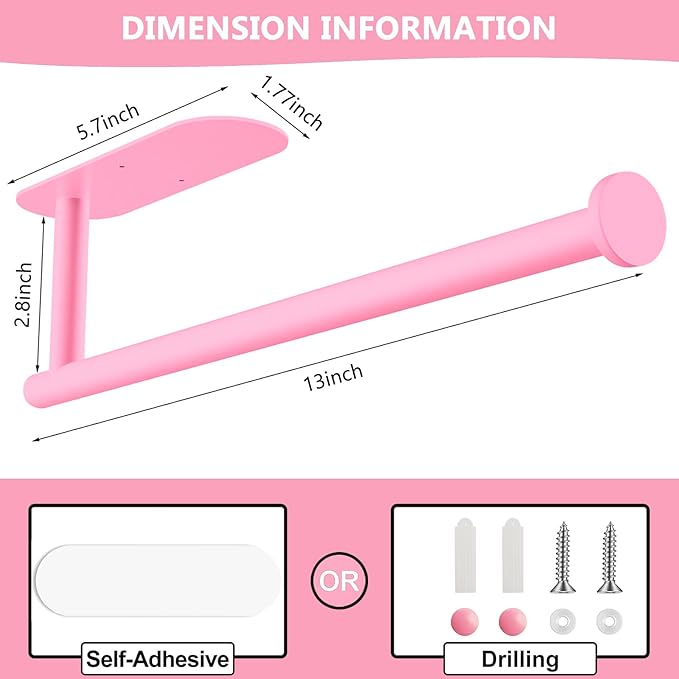 Pink Paper Towel Holder - Self Adhesive Paper Towels Roll Holders Under Cabinet, SUS304 Stainless Steel Wall Mount Towel Holder for Kitchen, Pantry, Sink, Bathroom