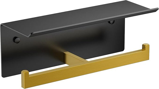 FORIOUS Toilet Paper Holder with Shelf, 304 Stainless Steel Wall Mount Commercial Toilet Paper Dispenser, Double Tissue Roll Holder for Bathroom (Matte Black & Brushed Gold)