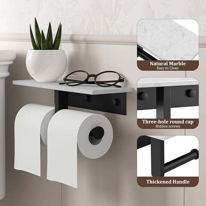 BWE Double Toilet Paper Holder with Shelf, Wall Mounted Tissue Roll Holder for Bathroom, Commercial Toilet Paper Dispenser, Marble Toilet Paper Storage Holder with Phone Shelf (Matte Black)