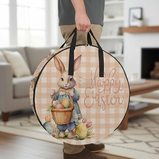36 Inch Round Storage Bag 1 Pack,Easter Cartoon Rabbit Eggs Basket Waterproof Wreath Storage Container with Handles&Zipper Flower Orange Grid on Linen Closet Organizer Bags Garland Box