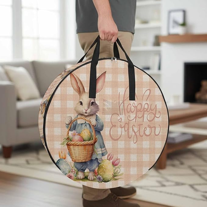 30 Inch Round Storage Bag 2 Pack,Easter Cartoon Rabbit Eggs Basket Waterproof Wreath Storage Container with Handles&Zipper Flower Orange Grid on Linen Closet Organizer Bags Garland Box