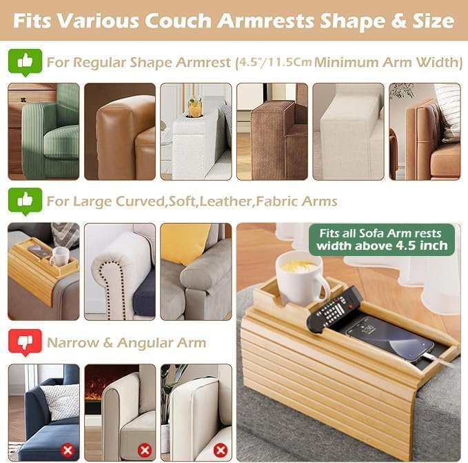 Bamboo Sofa Arm Tray Table with Detachable Couch Cup Holder - Fit for 4.5 Inches Wide Arms, Foldable Nonslip Sofa Armrest Tray for Drink, Snacks & Cell-Phone, TV-Remote – Space-Saving 17.7"x12.8"