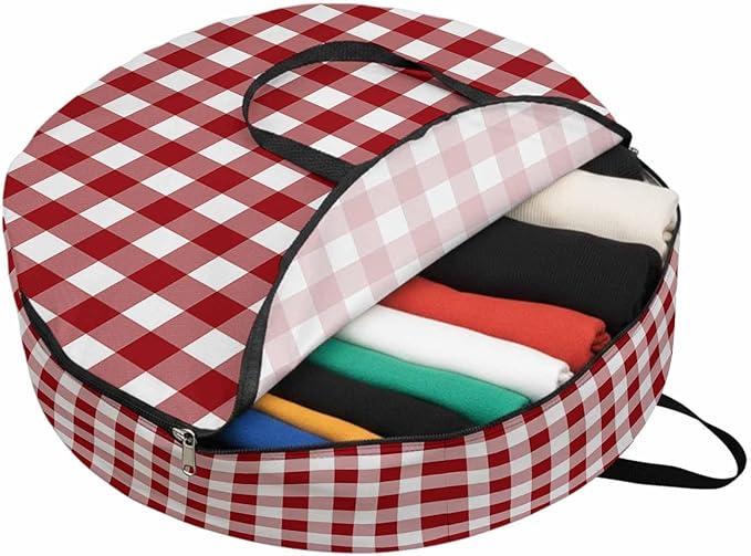 30 Inch Round Storage Bag 1 Pack,Farmhsoue Christmas Red White Buffalo Check Waterproof Wreath Storage Container with Handles&Zipper Rural Style Closet Organizer Bags Garland Box