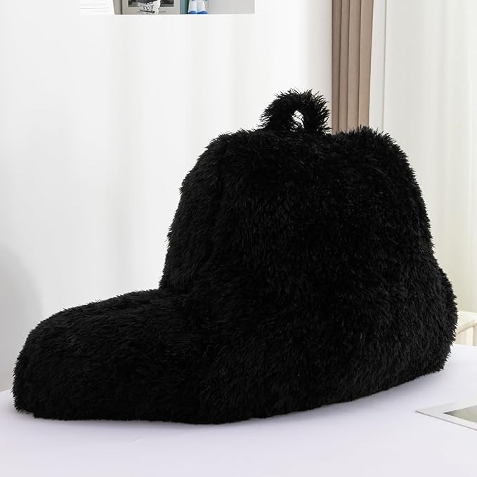 A Nice Night Faux Fur Reading Pillow Bed Wedge Large Adult Children Backrest with Arms Back Support for Sitting Up for Bedrest,Black