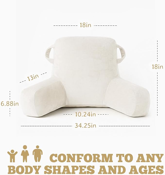 Unisakey Portable Comfy Reading Pillows for Bed Sitting Up(Beige Oeko-Tex), Velvet Back Pillow with Arms & Pockets for Adults, Support Memory Foam Bed Pillow for Dorm/Reading/Watching/Gaming