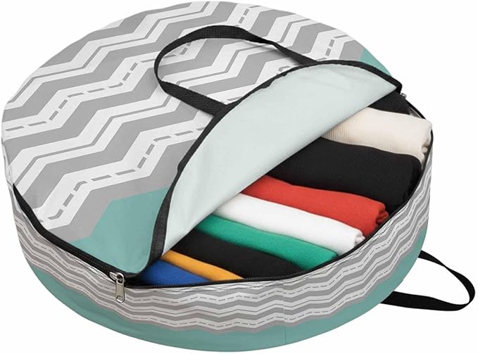 Storage Bag Turquoise Gray Waves Round Storage Totes Bins Closet Organizers with Zippers & Handle Chevron Stripe Clothes Storage Container for Bedroom Dorm Space Saving Packing Supplies Moving Bags