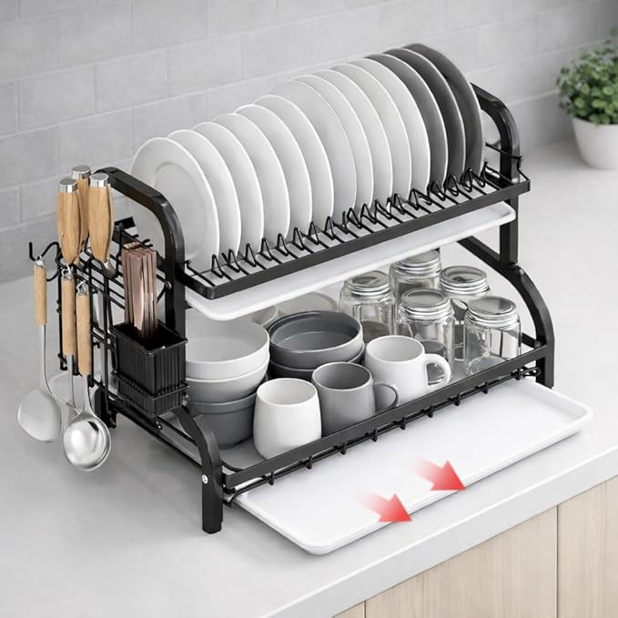 2-Tier Stainless Steel Dish Drying Rack Space Saving Kitchen Organizer for Counter, in-Sink, or Over-Sink Use, Includes Removable Drain Tray, Cutlery Holder,Utensil Holder Black
