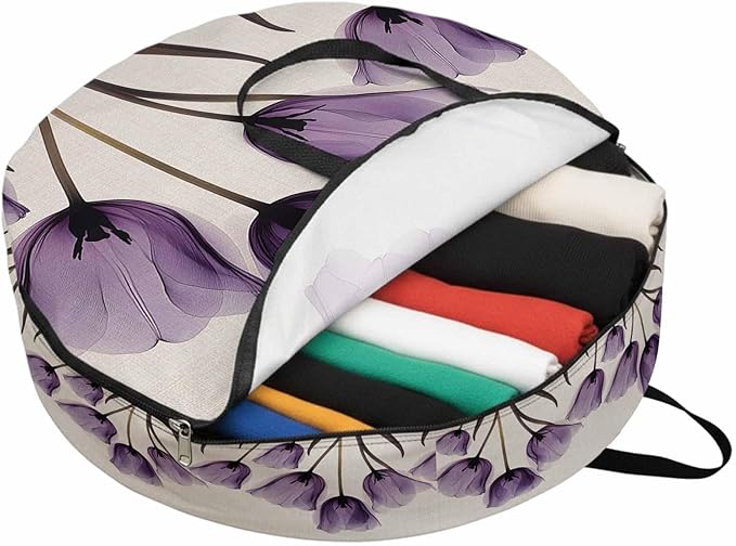 Spring Purple Round Storage Bag 36 Inch, Flowers X-ray Image of Tulips Floral Retro Clothes Storage Container with Handles Heavy Duty Organizer for Comforter, Bedding & Holiday Wreaths