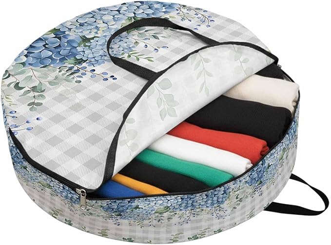 Storage Bag Blue Hydrangea Round Storage Totes Bins Closet Organizers with Zippers & Handle Green Eucalyptus Leaves Grey Plaid Clothes Storage Container for Bedroom Dorm Space Saving Packing Supplies