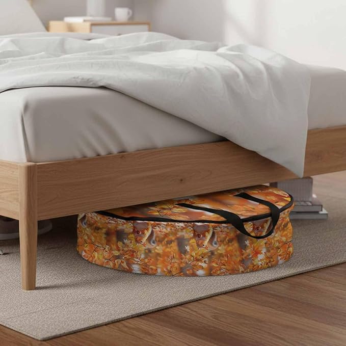Orange Leaves and Squirrel Round Storage Bag 36 Inch, Fall Maple Leaf Thanksgiving Clothes Storage Container with Handles Heavy Duty Organizer for Comforter, Bedding & Holiday Wreaths