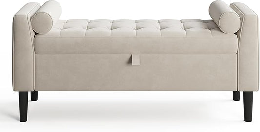 Garvee 46.5 in Storage Ottoman Bench – Upholstered End-of-Bed Storage Chest with Rolled Armrests & Wood Legs, Entryway Shoe Bench and Footrest Seat for Hallway, Bedroom & Living Room （Beige）