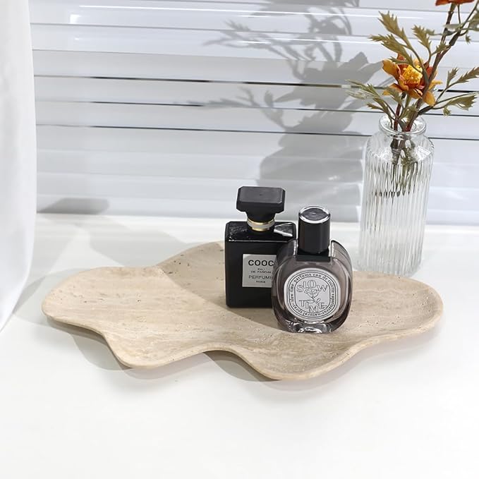 Handcrafted Travertine Decorative Tray, Cloud Shaped Tray for Vanity, Unique Trinket Dish for Jewelry Ring Necklace, Natural Stone Key Tray for Entrance Living Room Vanity (Beige 11.8" x 6.3")