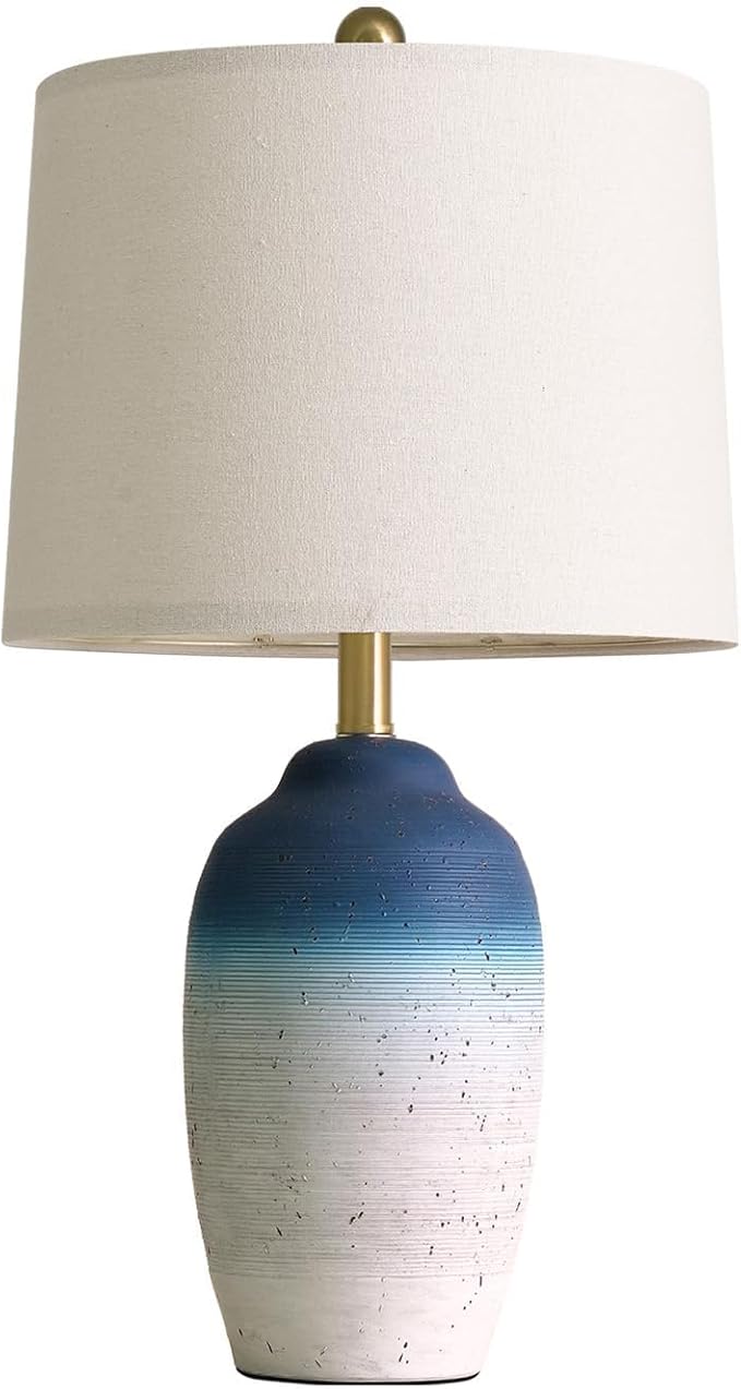USumkky 24.5" Vintage Ceramic Table Lamp with 5FT Cord - Single Farmhouse Rustic Bedside Lamp with Natural Textured Finish, Nightstand Lamps for Living Room, Bedroom, End Table, Office White and Blue