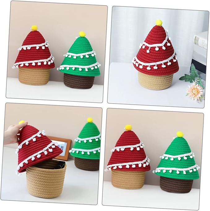 Hemobllo Christmas Tree Woven Cotton Rope Basket with Lid Decorative Sundries Storage Container for Living Bedroom and Bathroom Organization Cute Nordic Style Red Holiday Organizer