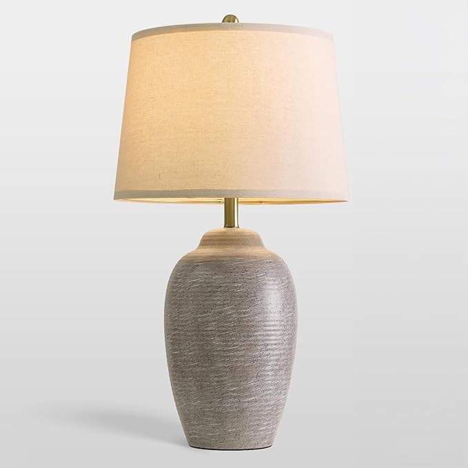 USumkky 29.5" Tall Vintage Ceramic Table Lamp with 5FT Cord - Single Large Rustic Farmhouse Bedside Lamp with Linen Shade & Natural Textured Finish, Nightstand Table Lamp for Bedroom End Table,Grey