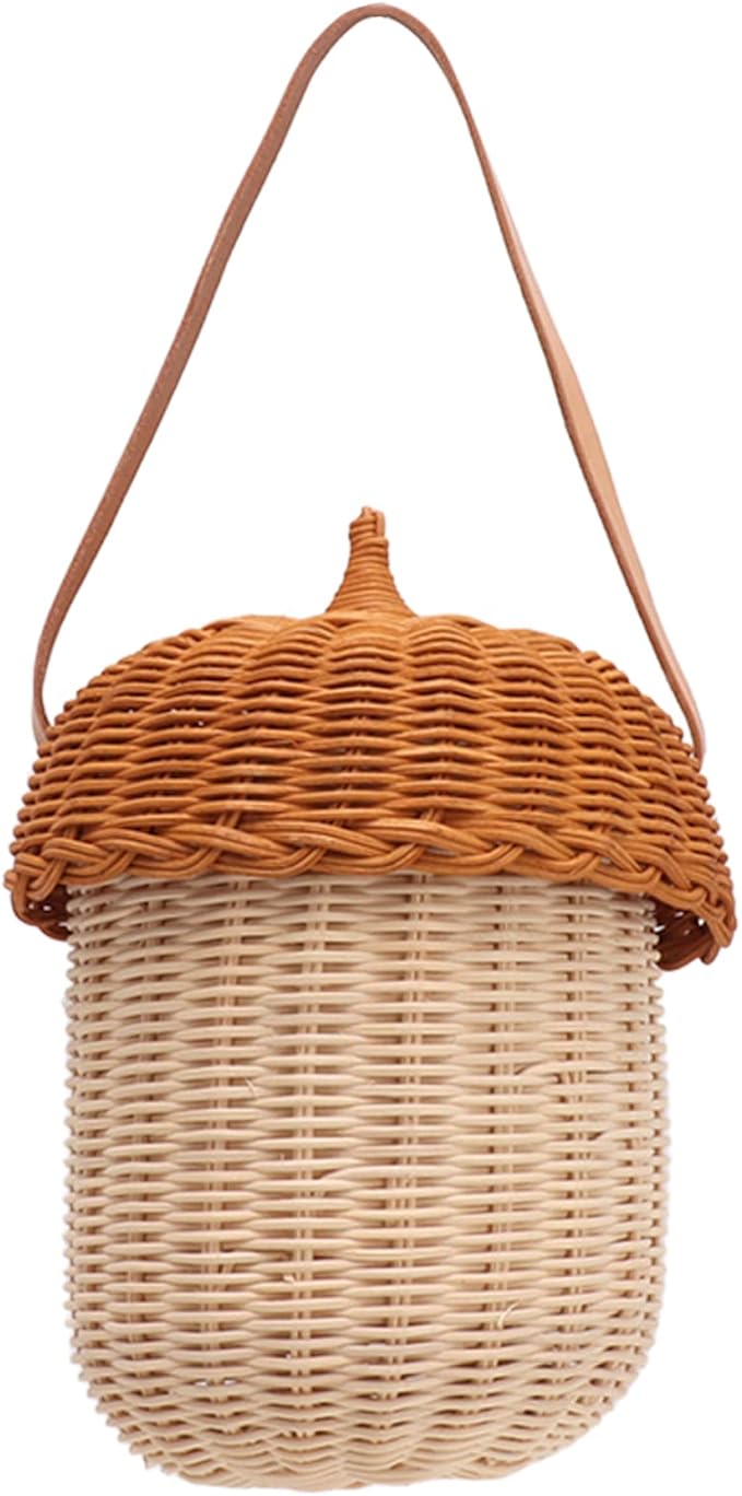 Hanging Baskets Rattan Storage Basket Handmade Photography Props Acorn Shaped Home Decorative for Girls Rattan Basket Bag Kids (Large Handbag)
