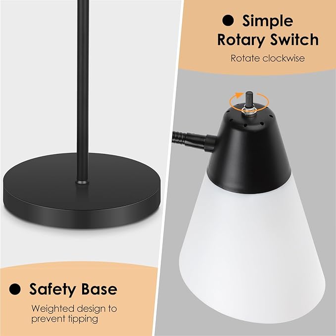 Coucrek Floor Lamp for Living Room, Adjustable Head Standing Lamp with White Plastic Shade, Black Reading Floor Lamps for Dorm, Bulb not Included