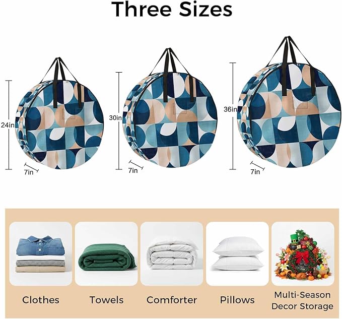 Storage Bag Mid Century Geometric Round Storage Totes Bins Closet Organizers with Zippers & Handle Abstract Modern Blue Clothes Storage Container for Bedroom Dorm Space Saving Packing Supplies Bags