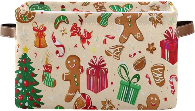 Christmas Storage Basket, Collapsible Canvas Organizer with Festive Pattern, 14.2x10.2x8.3 Inches, Brown Leather Handles, Water-Resistant Interior, for Home Bedroom Storage