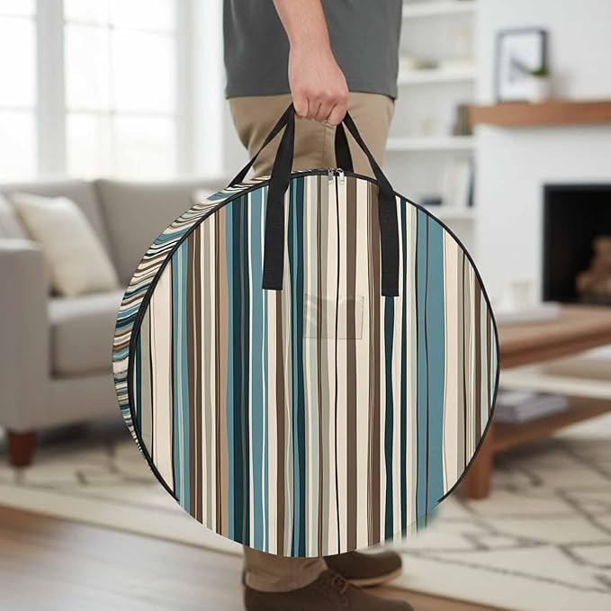 Boho Vertical Stripe Round Storage Bag 24 Inch, Green Beige Simple Lines Clothes Storage Container with Handles Heavy Duty Organizer for Comforter, Bedding & Holiday Wreaths