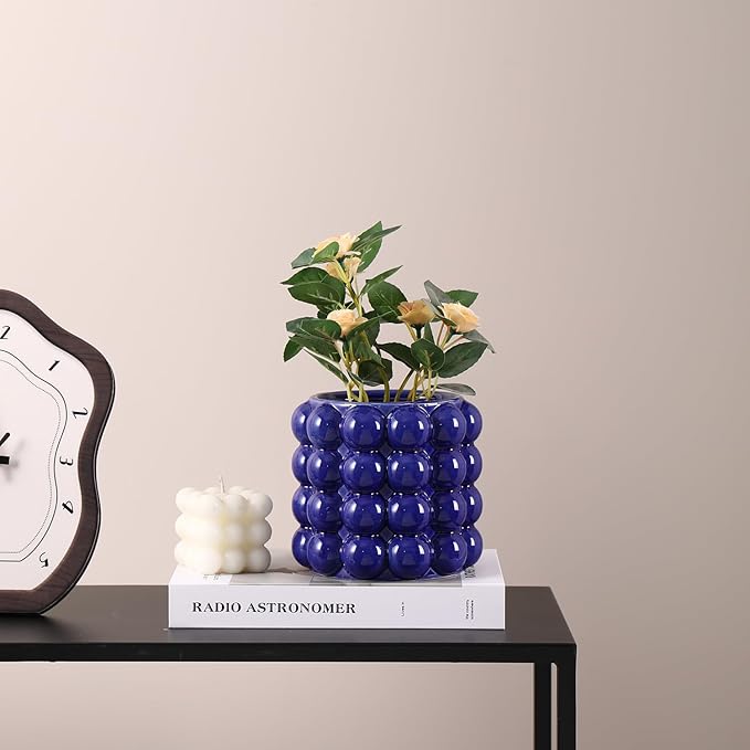 Blue Bubble Vase, Small Short Vase, Ceramic Flower Vases, Unique Decorative Vases for Flowers, Living Room, Bedroom, Office, Shelf, Coffee Table, 5 Inches