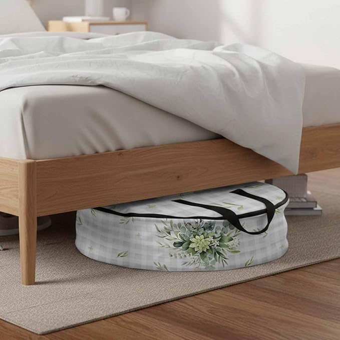 Storage Bag Eucalyptus Leaves Vase Round Storage Totes Bins Closet Organizers with Zippers & Handle Green Leaf Floral Grey Plaid Clothes Storage Container for Bedroom Space Saving Packing Supplies