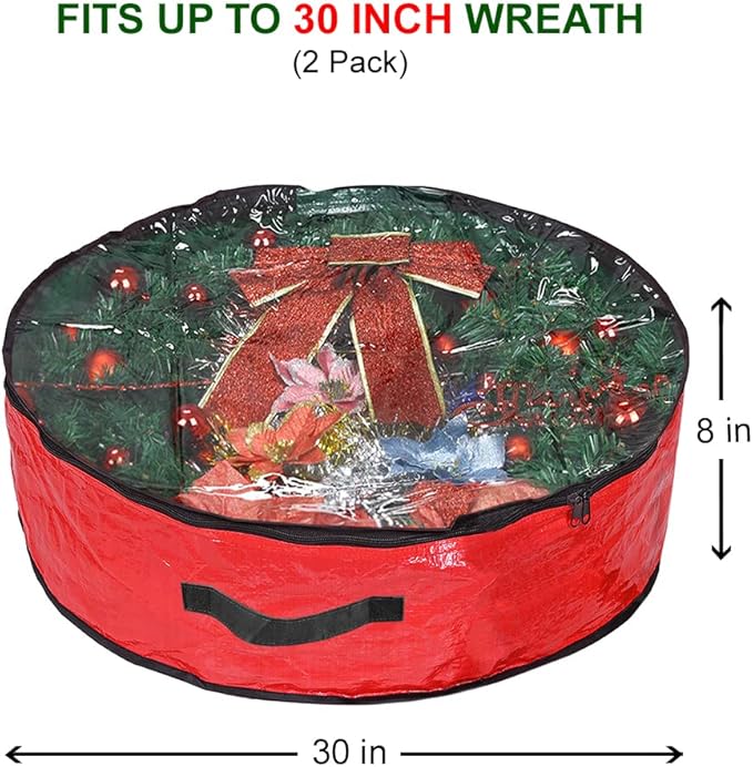 Propik Christmas Wreath Storage Bag 30" - Garland Holiday Container with Clear Window - Tear Resistant Fabric - 2 Pack (30 Inch, Red)