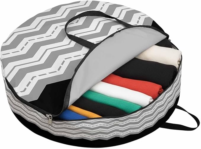 Storage Bag Grey Waves Round Storage Totes Bins Closet Organizers with Zippers & Handle Black Chevron Stripe Clothes Storage Container for Bedroom Dorm Space Saving Packing Supplies Moving Bags