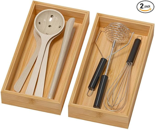 Lixple Bamboo Drawer Organizer - Silverware & Utensil Organizer, Stackable, 2 Pcs, Wooden Storage Box Tray (Bamboo, 12 X 6 X 2 Inch)
