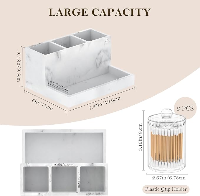 Toothbrush Holder for Bathroom with 2PCS Qtip Holder Dispenser, 3 Slot Bathroom Accessories Holder Floss Cotton Swab Holder Bathroom Vanity Tray for Perfume Comestic Organizer Counter Storage, White