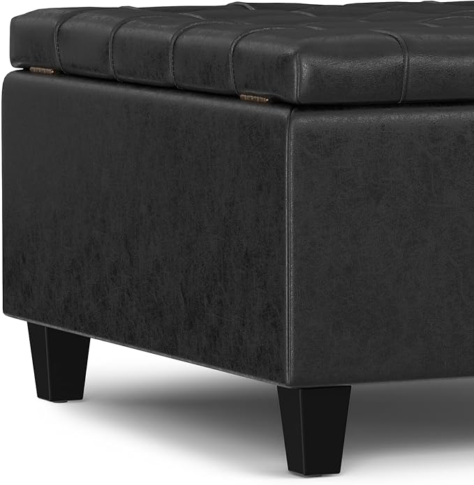 SIMPLIHOME Harrison Small Coffee Table Storage Ottoman - 30 inch Wide Upholstered Vegan Leather Square Lift-Top Ottoman in Distressed Black, Transitional Ottoman for Living Room with Hidden Storage