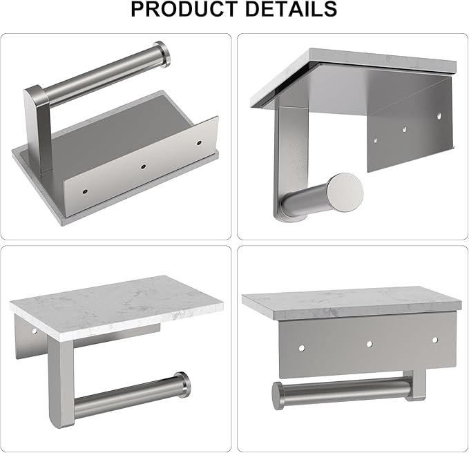 Toilet Paper Holder with Marble Shelf, 304 Stainless Steel Tissue Hand Holder Wall Mounted Toilet Paper Roll Hold with Phone Shelf for Bathroom Kitchen Washroom Bedroom, Brushed Nickel