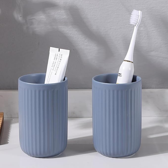 Blue Toothbrush Holders for Bathrooms - 2 Cups Ceramic Toothbrush Toothpaste Holders Set, Blue Bathroom Tumbler Cups Reusable Toothbrush Mouthwash Cup, Bathroom Counter Organizer.