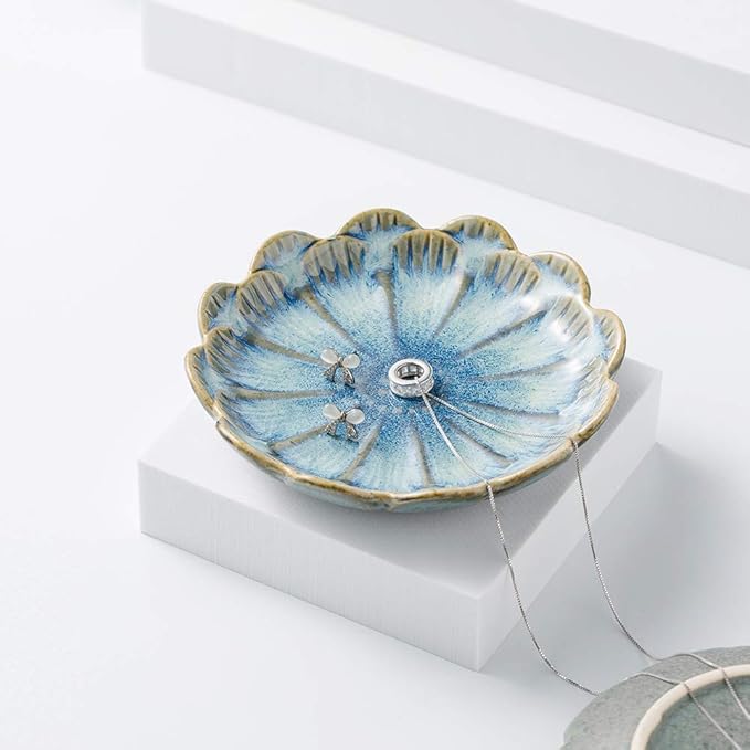 Mecaikru ring holder, flower shape decorative earring stand, jewelry tray, key bowl, trinket dish for women and friends, flower blue
