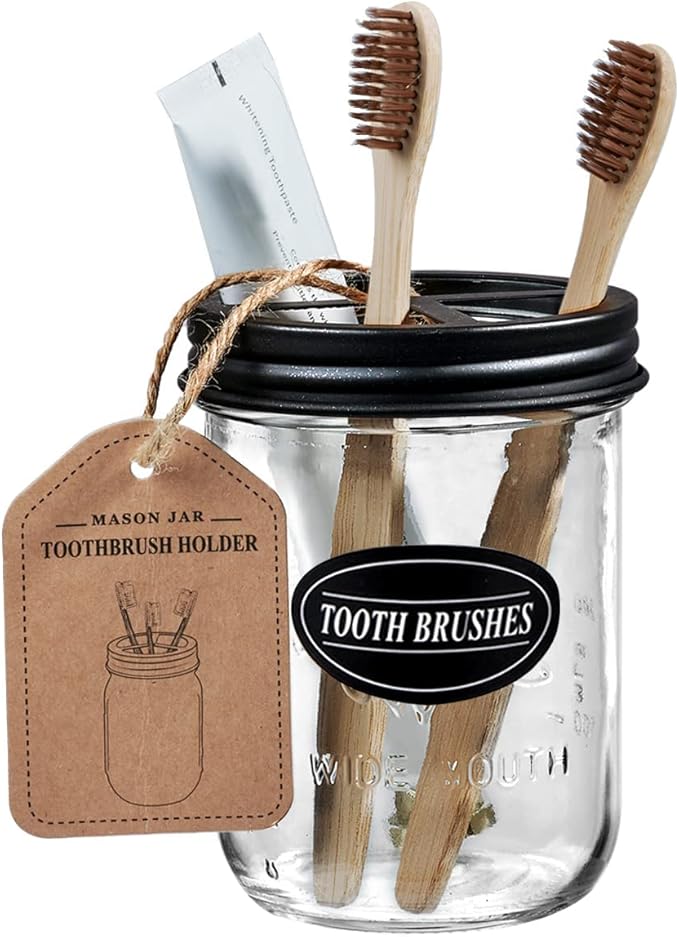 Mason Jar Toothbrush Holder -Black - with 16 Ounce Mason Jar,Premium Rustproof 304 Stainless Steel Lid and Chalkboard Labels - Rustic Farmhouse Decor Black Bathroom Accessories